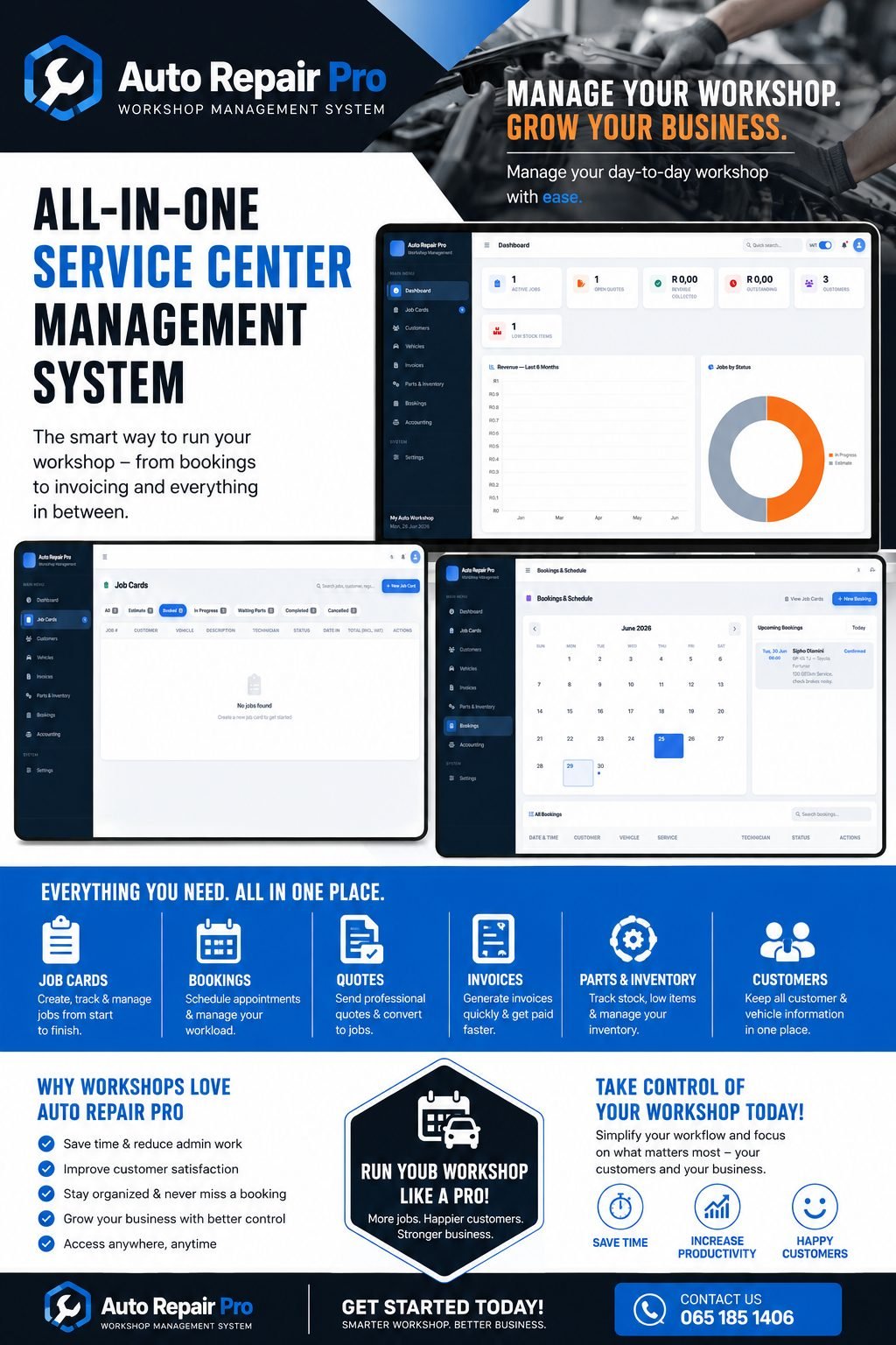 Auto Repair Pro dashboard, job cards, and bookings calendar screens