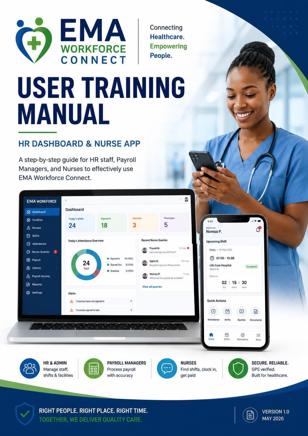 EMA Workforce Connect HR dashboard and nurse mobile app on laptop and phone