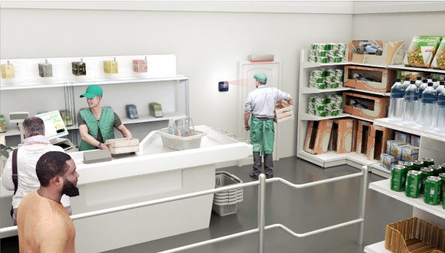 Face recognition terminal mounted on a retail stockroom wall