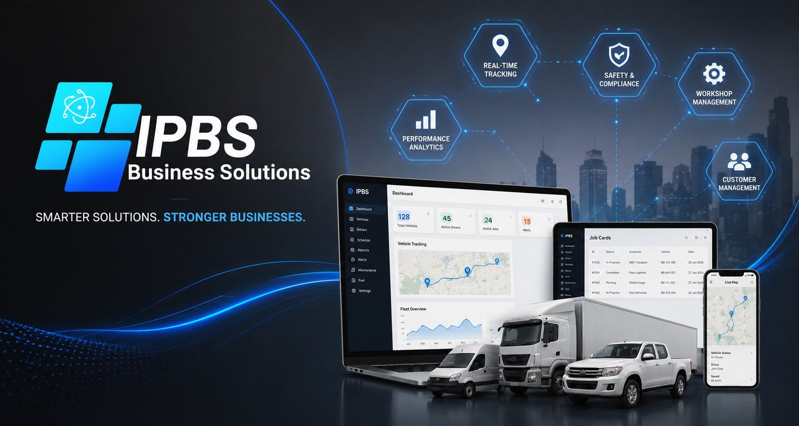 IPBS Business Solutions software: real-time tracking, safety and compliance, workshop management, performance analytics, and customer management dashboards on laptop, tablet, and phone